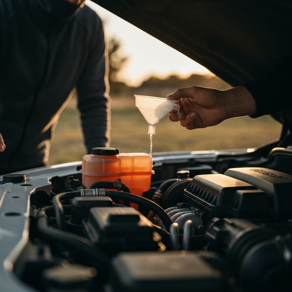 Close-up of a power steering fluid reservoir, with a hand holding a funnel and adding fluid. The engine bay is clean and well-organized. Soft, overhead lighting.
