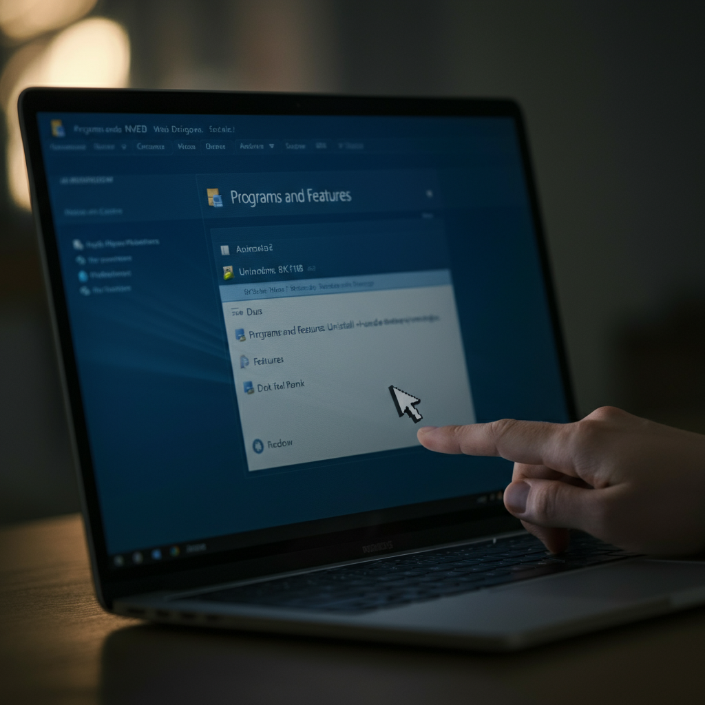 A close-up shot of a laptop screen displaying the "Programs and Features" window in Windows, with a mouse cursor hovering over an application icon ready to be uninstalled. Soft, diffused lighting highlights the screen details.