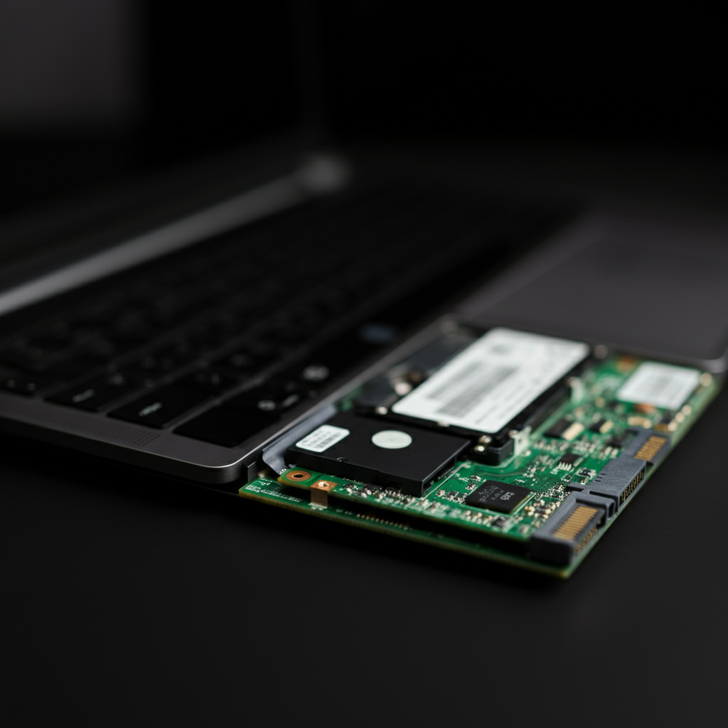 Top-down shot of an open laptop with a blurred desktop background. Focus is on the hard drive bay, partially visible with SATA cables connected. The lighting is even and professional.