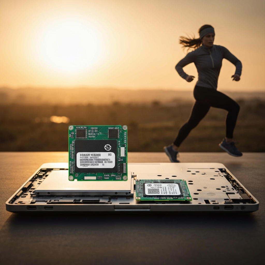 A side-lit shot of a disassembled laptop showing the HDD and the replacement SSD side-by-side. The SSD is sleek and modern, while the HDD appears older and more bulky. Golden hour lighting creates warm textures.