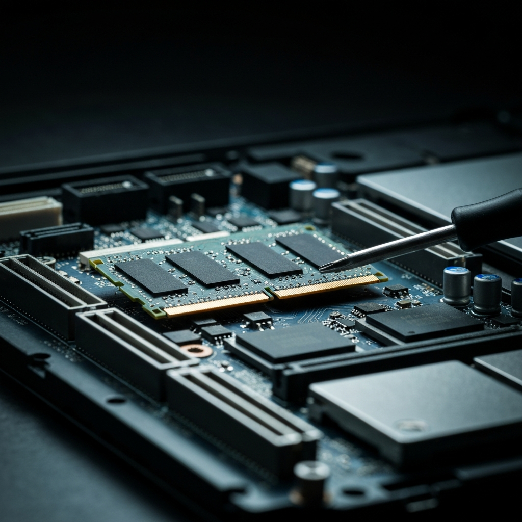 Close-up of RAM modules being installed in a laptop motherboard, with a screwdriver nearby. The light is focused on the modules and the intricate details of the motherboard.