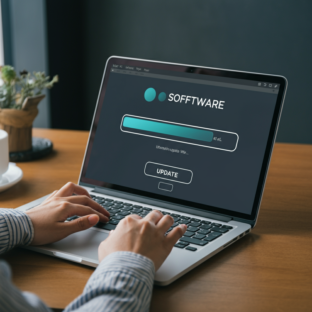 A well-lit workspace with a laptop open, showing a software update progress bar on the screen. A person's hands are visible typing on the keyboard.