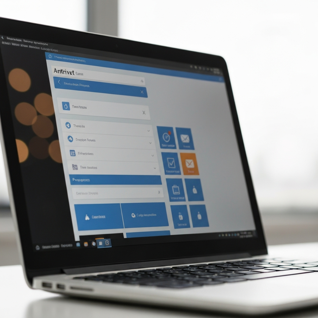 A close-up of an antivirus software interface on a laptop screen, showing a scan in progress with detected threats. Soft bokeh creates a professional focus.