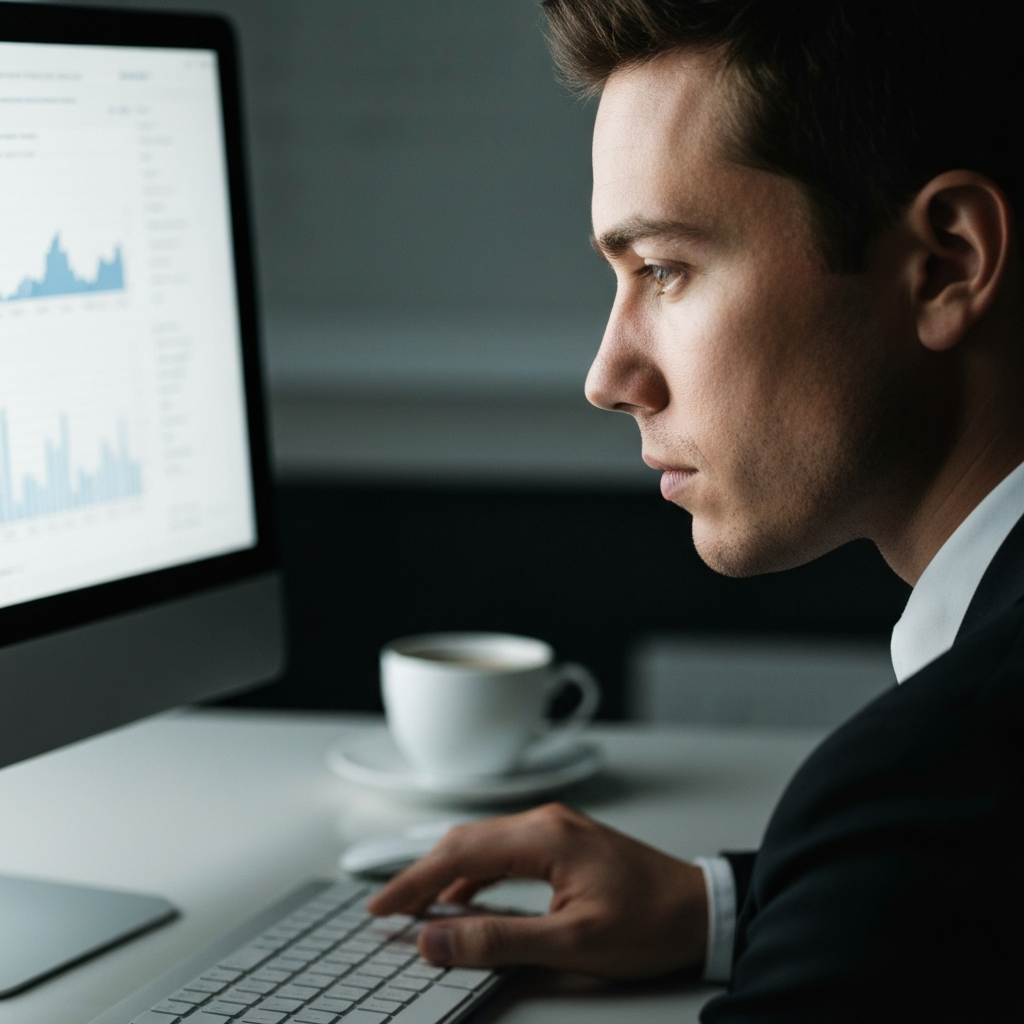 Close-up shot of a researcher analyzing data on a computer screen. Soft lighting emphasizes the textures of the monitor and the researcher's face. A cup of coffee sits nearby, slightly out of focus, in the background.