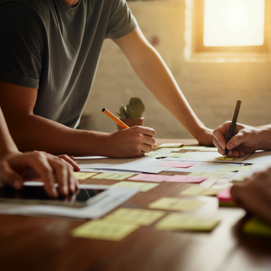 A brainstorming session. Several people are seated around a table covered with sticky notes filled with ideas. Sunlight streams through a window, casting a warm glow on the scene. One person is writing on a large notepad.