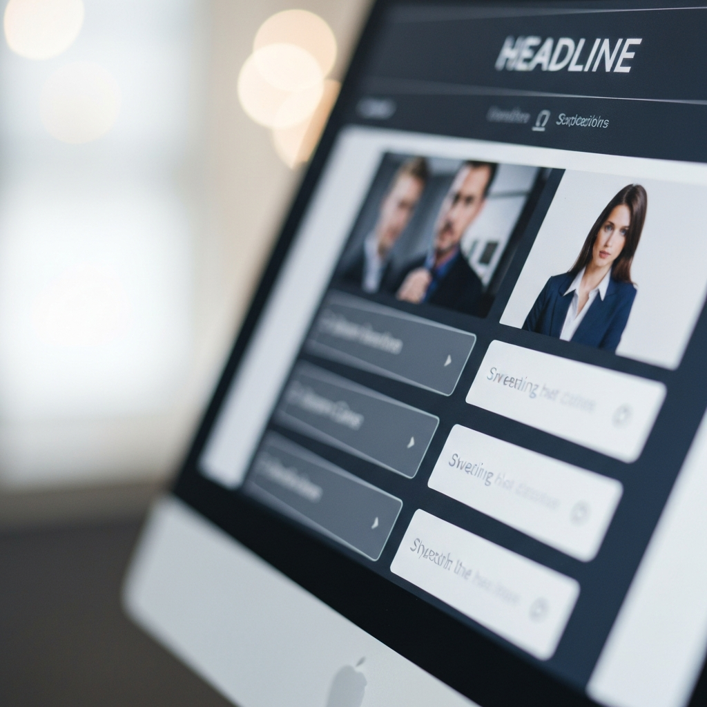 A close-up shot of a computer screen displaying various headline options. The screen is slightly blurred to emphasize the focused attention of the user. Soft bokeh in the background.