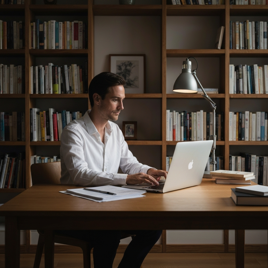 A writer sitting at a desk, typing on a laptop. The room is filled with natural light. Bookshelves line the walls, adding texture and depth to the scene. The writer is focused and engaged in their work.