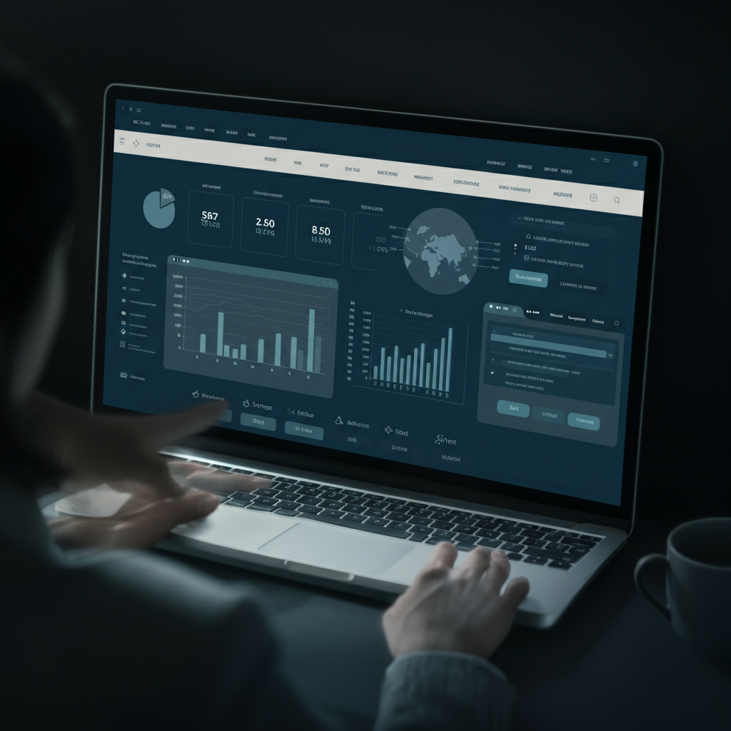 A graphic representation of a website's SEO dashboard, showing charts, graphs, and keyword rankings. The screen is brightly lit and the colors are vibrant.
