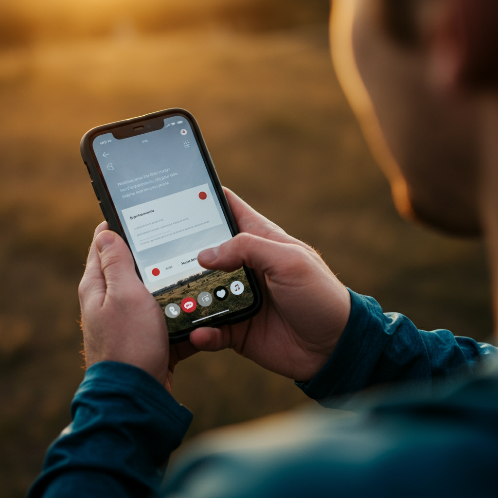 A person using a smartphone to share content on social media. The phone is held at eye level, and the background is slightly blurred. The lighting is natural and even.