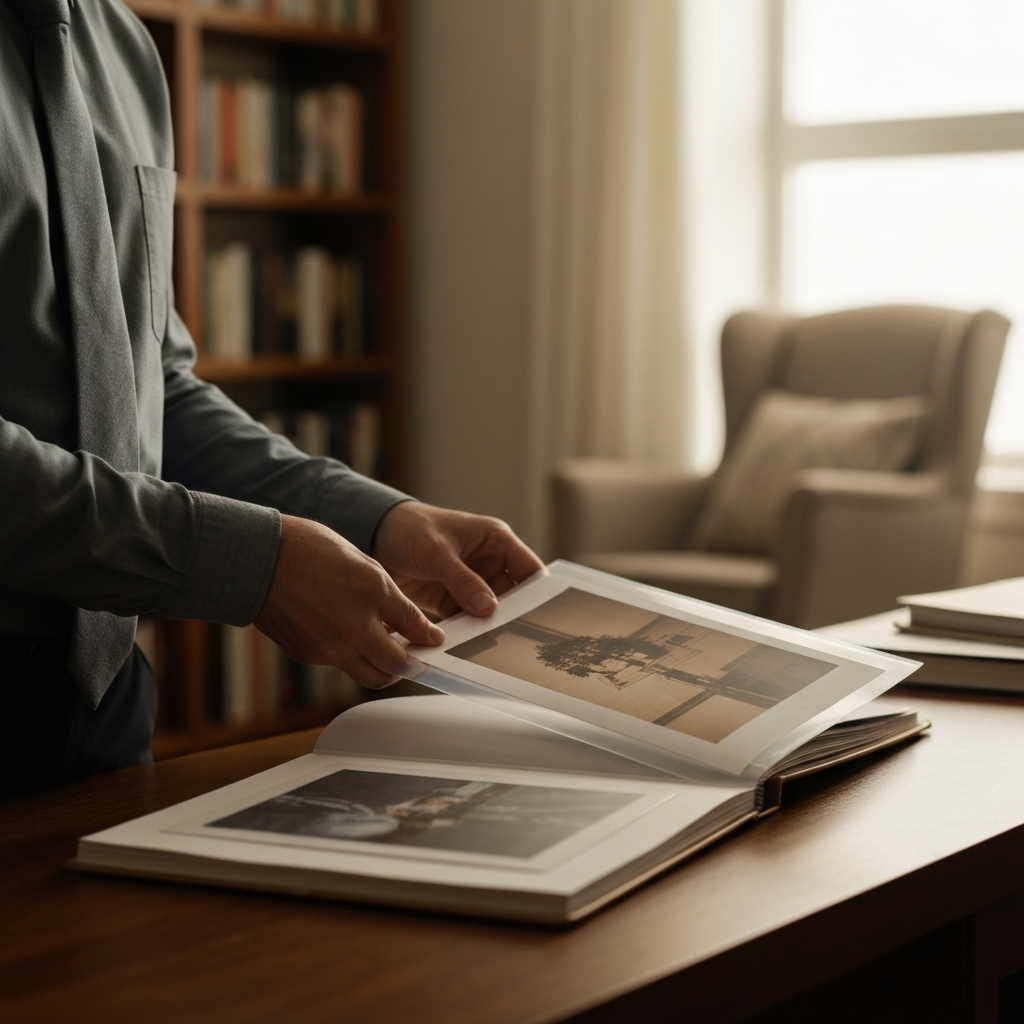 A warmly lit home office. A hand carefully places a printed photograph into a clear plastic sleeve inside a large scrapbook. Soft bokeh in the background shows bookshelves and a cozy armchair.