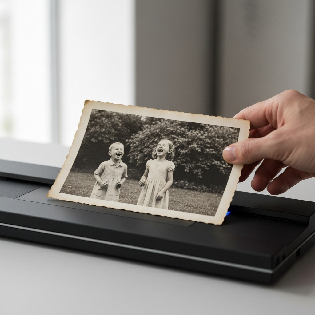 Close-up of a hand carefully scanning an old black and white photograph on a flatbed scanner. The photograph shows two children laughing in a garden. Soft, diffused lighting highlights the texture of the aged paper.