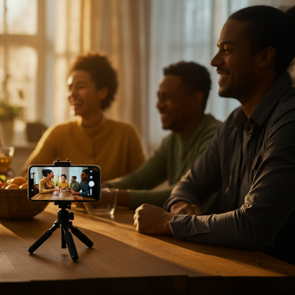 A family gathered around a dining table, laughing and talking. A smartphone rests on a tripod, recording a video of the conversation. Golden hour lighting streams through the window, casting warm shadows.