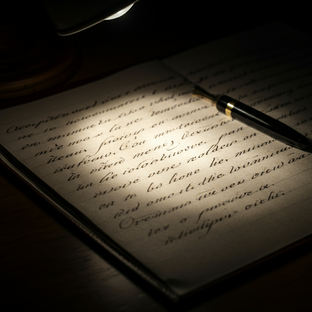 A close-up of a handwritten journal entry, illuminated by a desk lamp. The writing is neat and legible, describing a childhood memory. The texture of the paper is visible, adding a sense of warmth and authenticity.