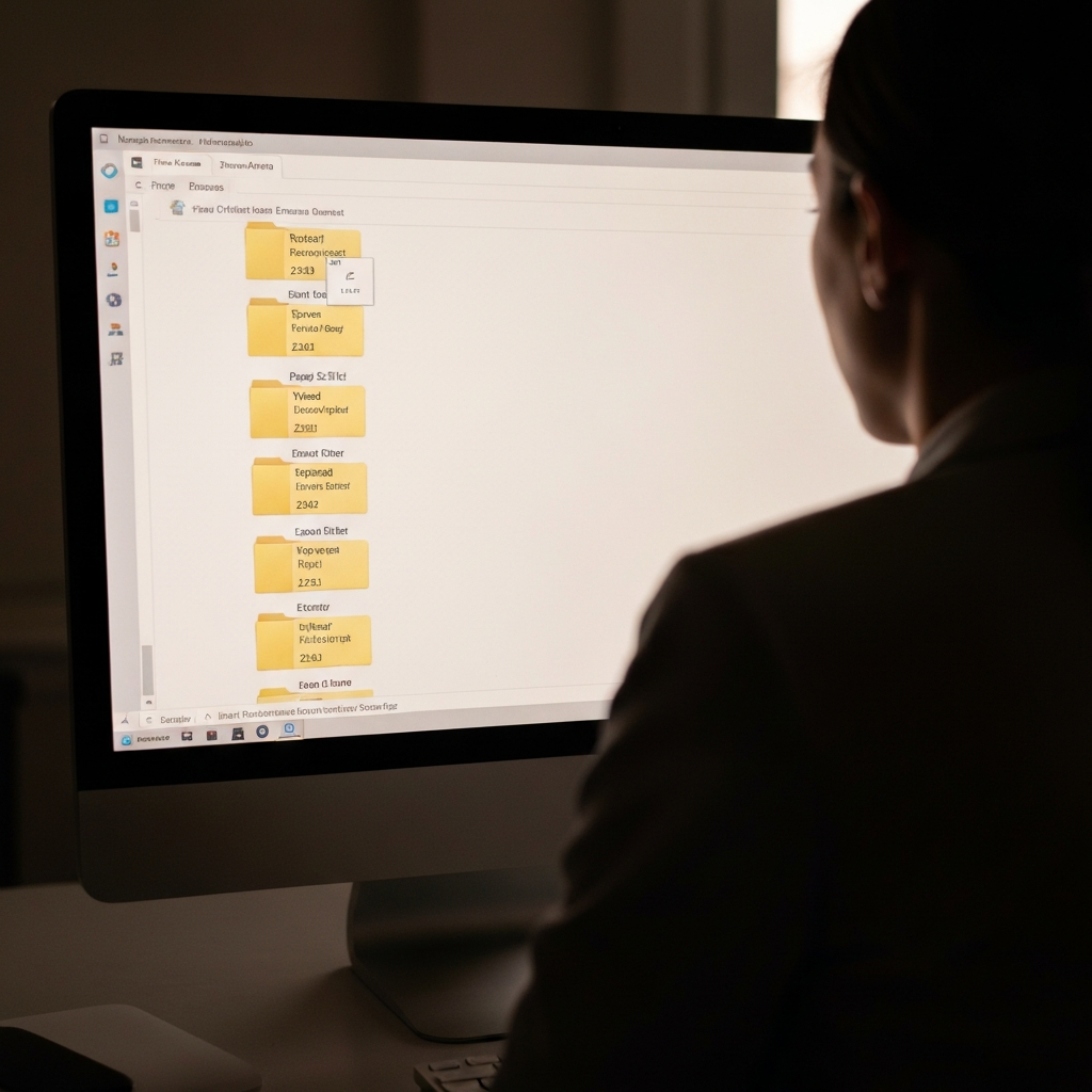 A computer screen displaying a well-organized folder structure in a file explorer window. The folders are clearly labeled with dates and event names. Soft, indirect lighting reflects off the screen.