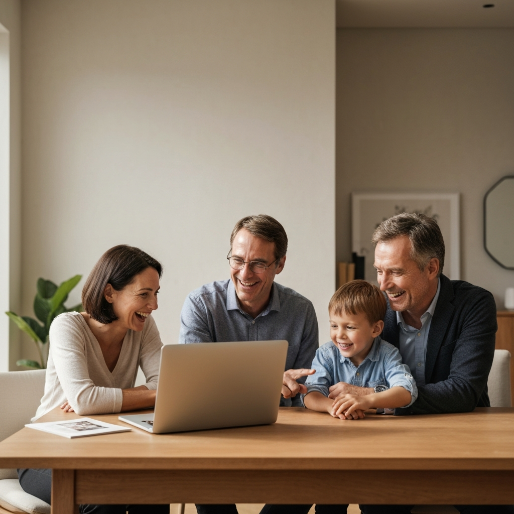 A family gathered around a laptop, watching a slideshow of old photographs. They are laughing and pointing at the screen, sharing stories and memories. The room is filled with warm, inviting light.