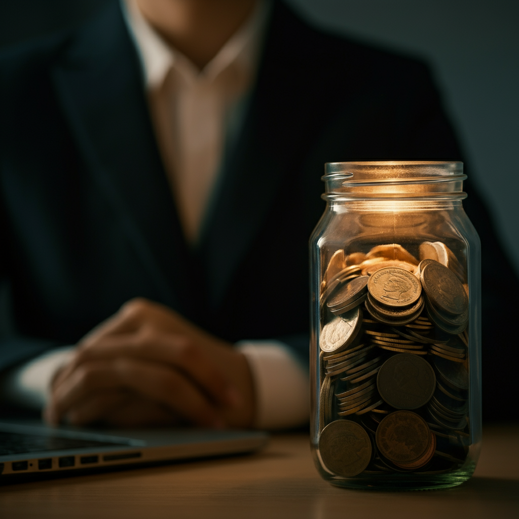 A close-up of a glass jar filled with money, sitting on a desk. Soft, diffused light illuminates the jar, creating a warm glow. The coins and bills are slightly blurred in the background, suggesting depth of field.
