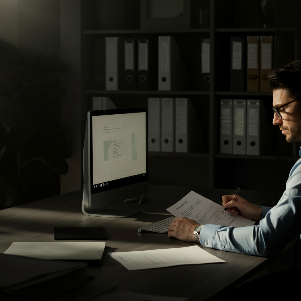 A well-organized office setting. A person in business attire is sitting at a desk, reviewing documents with a concentrated expression. Natural light streams in from a window, casting a soft shadow across the desk.