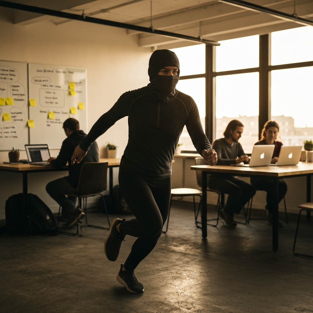 A brightly lit co-working space. Several people are collaborating on laptops, with brainstorming notes and whiteboards visible in the background. The atmosphere is energetic and collaborative.