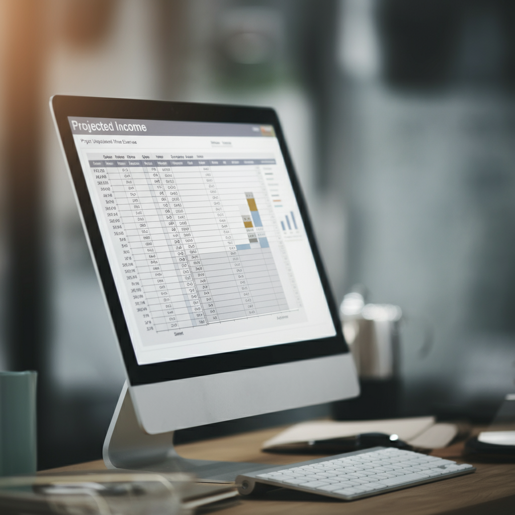 A spreadsheet on a computer screen showing projected income and expenses with graphs. Soft focus on the screen with blurred office environment in the background.
