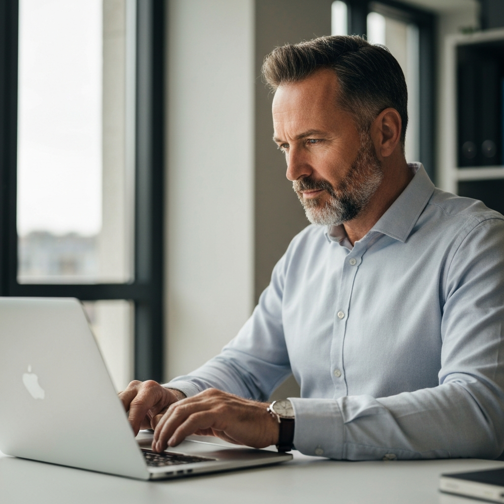 A person working on a laptop, using financial management software. The screen is well-lit, and the person's face is illuminated by the glow of the screen. The surrounding office is modern and minimalist.