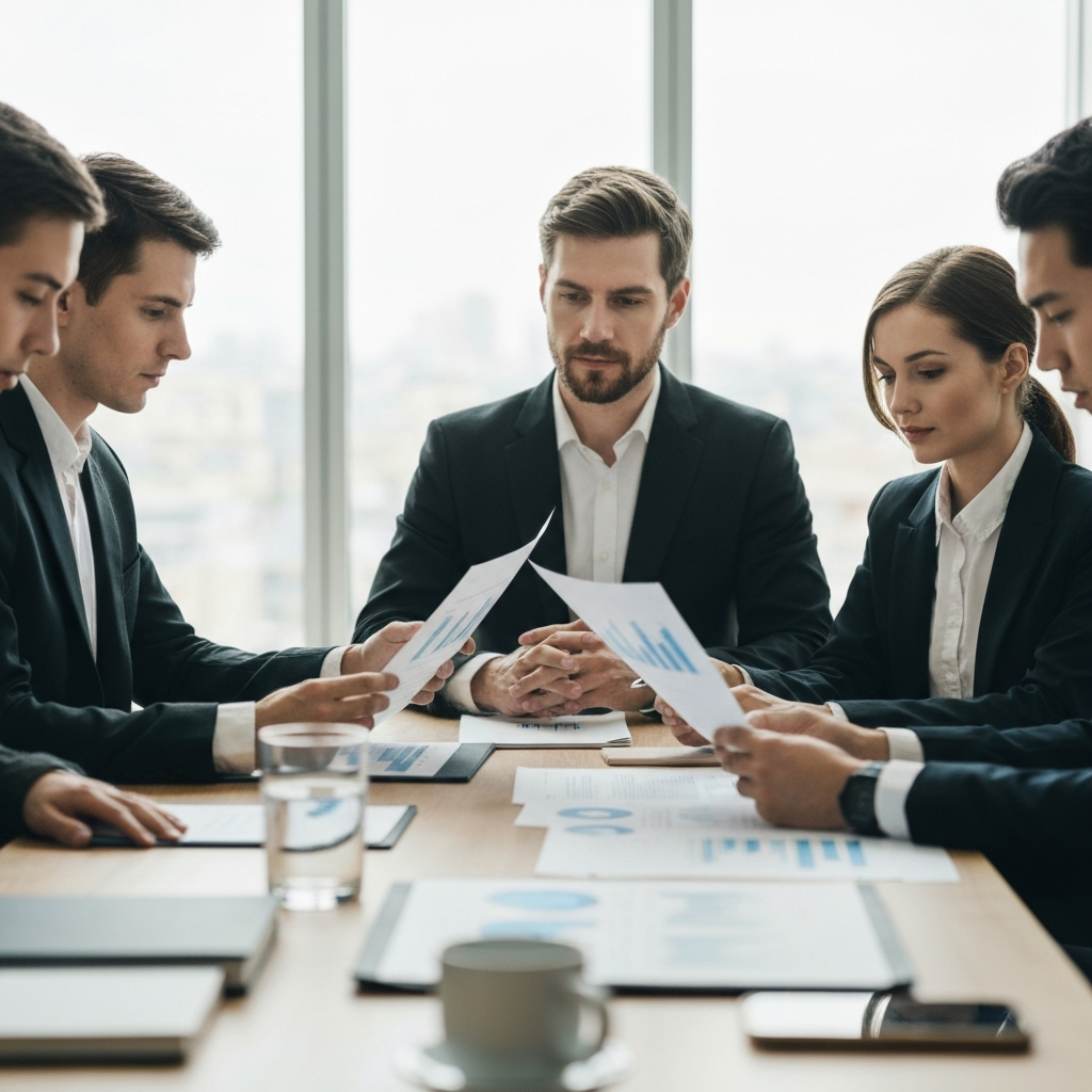 A team of business professionals sitting around a conference table, reviewing financial documents. Natural light streams in from a window, creating a bright and professional atmosphere.