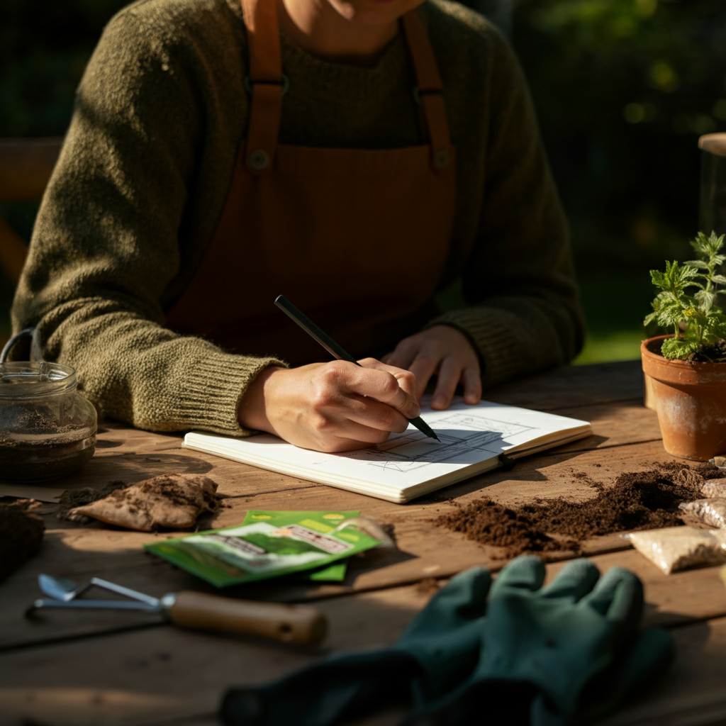A person sketching a backyard plan on a notepad, with gardening tools and seed packets scattered around on a wooden table under warm, diffused sunlight.