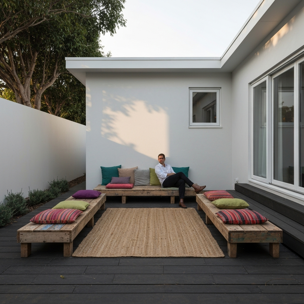 A cozy backyard seating area with repurposed wooden benches, colorful cushions, and a woven outdoor rug under the soft light of a late afternoon sun.