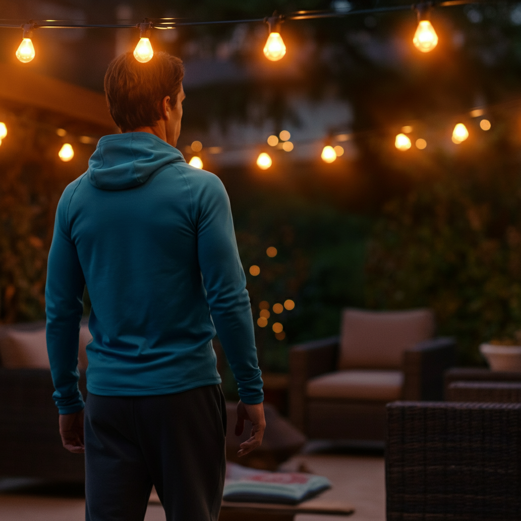 A backyard patio at dusk, illuminated by soft, warm string lights hanging overhead, with a gentle bokeh effect blurring the background.