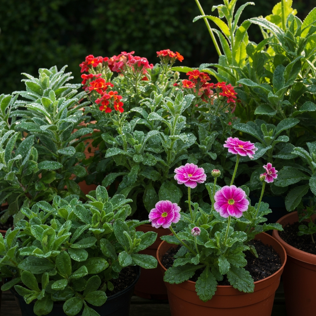 A close-up shot of various potted plants and flowers in a backyard garden, with dew drops glistening on the leaves and petals under morning sunlight.