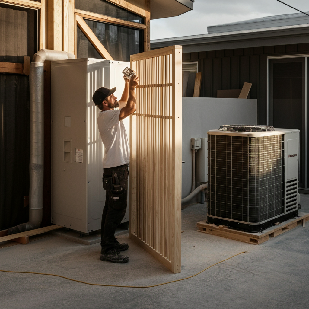 A craftsman building a simple wooden screen around an outdoor air conditioning unit in a well-organized workshop with natural light.
