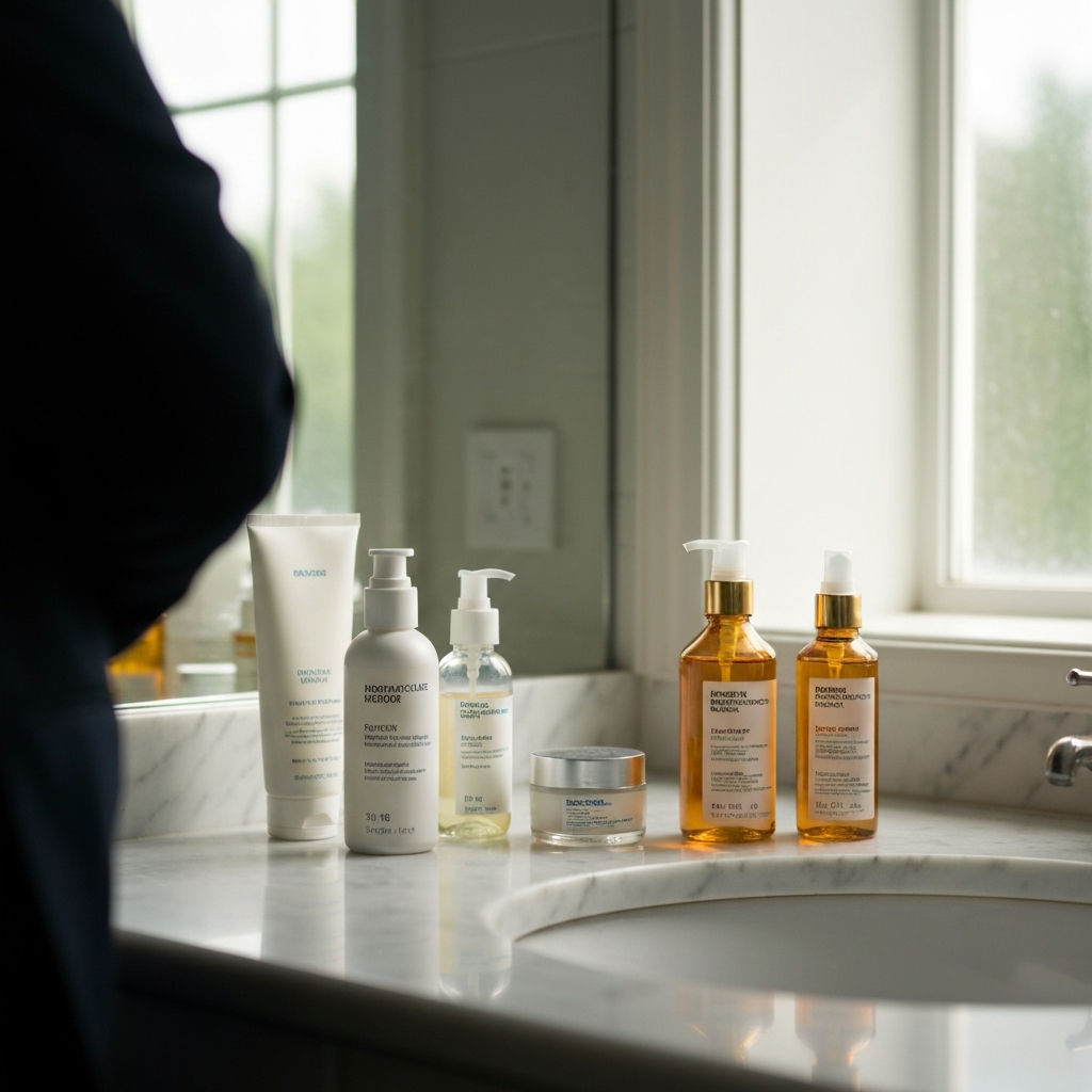 A well-lit bathroom vanity with neatly arranged skincare products (cleanser, moisturizer, sunscreen) on a clean marble countertop. Focus on the textures of the bottles and the soft morning light filtering through a window.