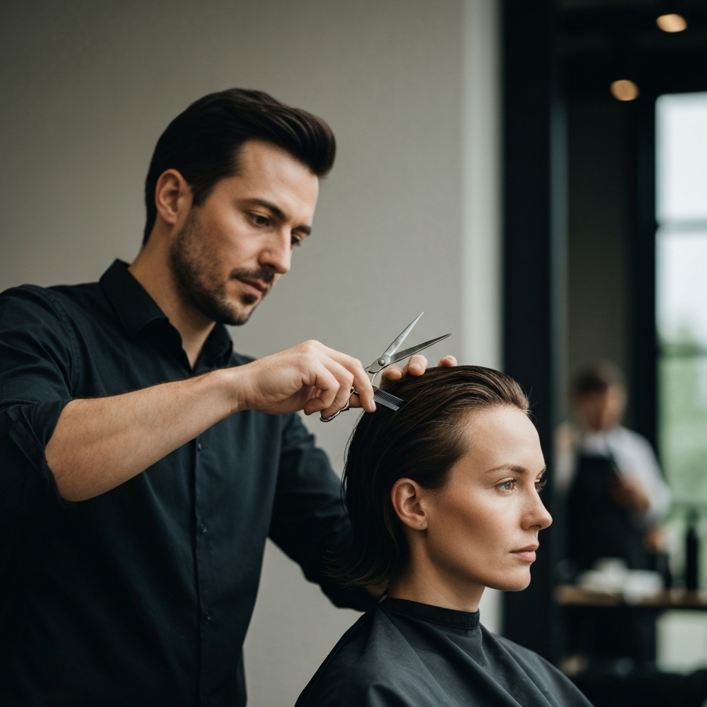 A professional hairstylist carefully trimming a client's hair in a modern salon setting. Soft bokeh in the background, highlighting the sharp lines of the scissors and the concentrated expression of the stylist.