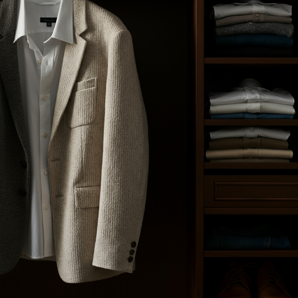 A neatly organized closet with a curated selection of neutral-colored clothing items (white shirts, jeans, a blazer, a sweater). Soft, diffused lighting highlighting the textures of the fabrics.