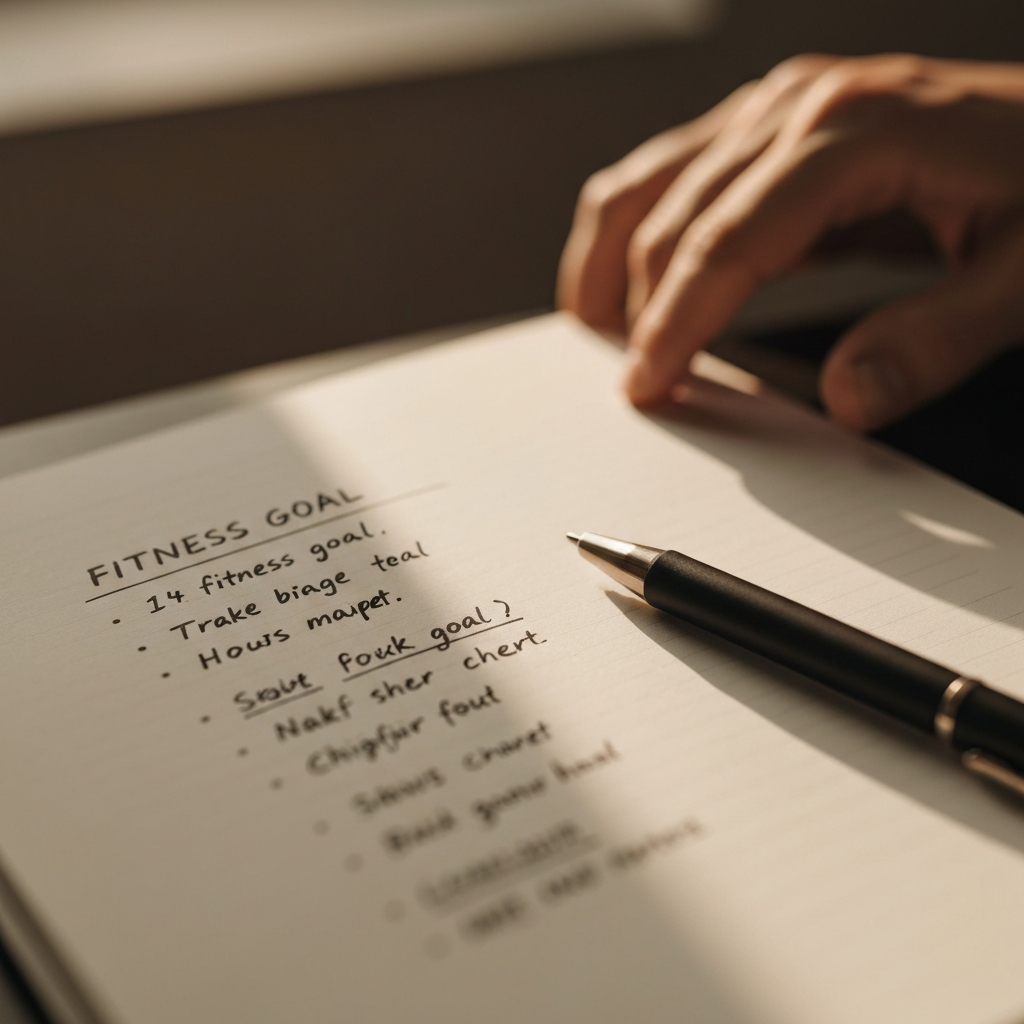 A close-up shot of a handwritten fitness goal list on a notepad. The lighting is warm and inviting, with a shallow depth of field blurring the background. A pen rests on the page, suggesting active engagement with the goal-setting process.