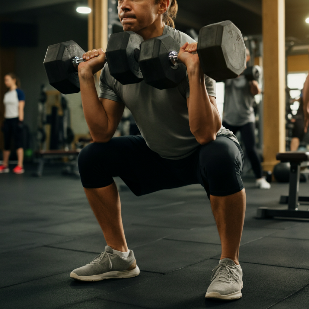 A brightly lit gym with a person performing a squat with dumbbells. The background shows other people engaging in various exercises. The scene is shot at a medium distance, emphasizing proper form and technique.