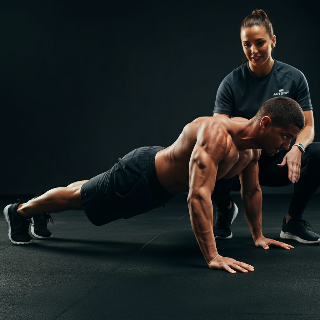 A side view of a person performing a push-up with perfect form. The lighting is clean and professional, highlighting the muscle definition in their arms and back. A personal trainer stands nearby, offering subtle guidance.