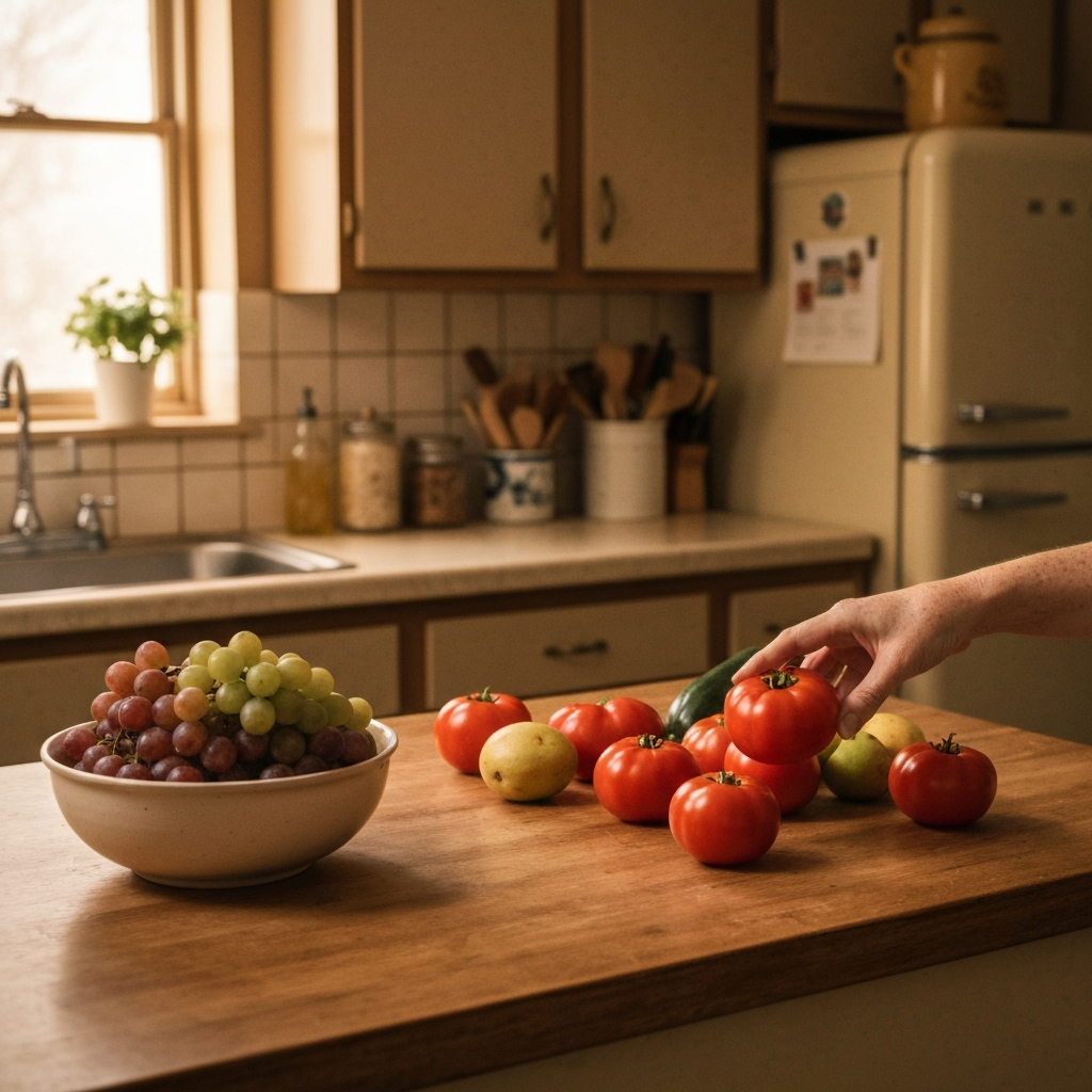 A brightly lit kitchen counter with a colorful assortment of fresh fruits and vegetables. The focus is on the vibrant colors and textures of the produce. A hand reaches in to select a piece of fruit, conveying a sense of healthy eating.