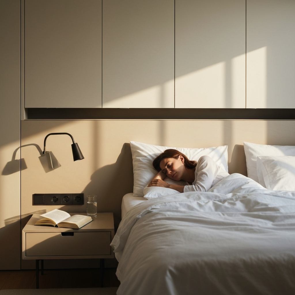 A softly lit bedroom with a person sleeping peacefully in bed. The lighting is warm and inviting, creating a sense of tranquility and relaxation. A bedside table holds a book and a glass of water.
