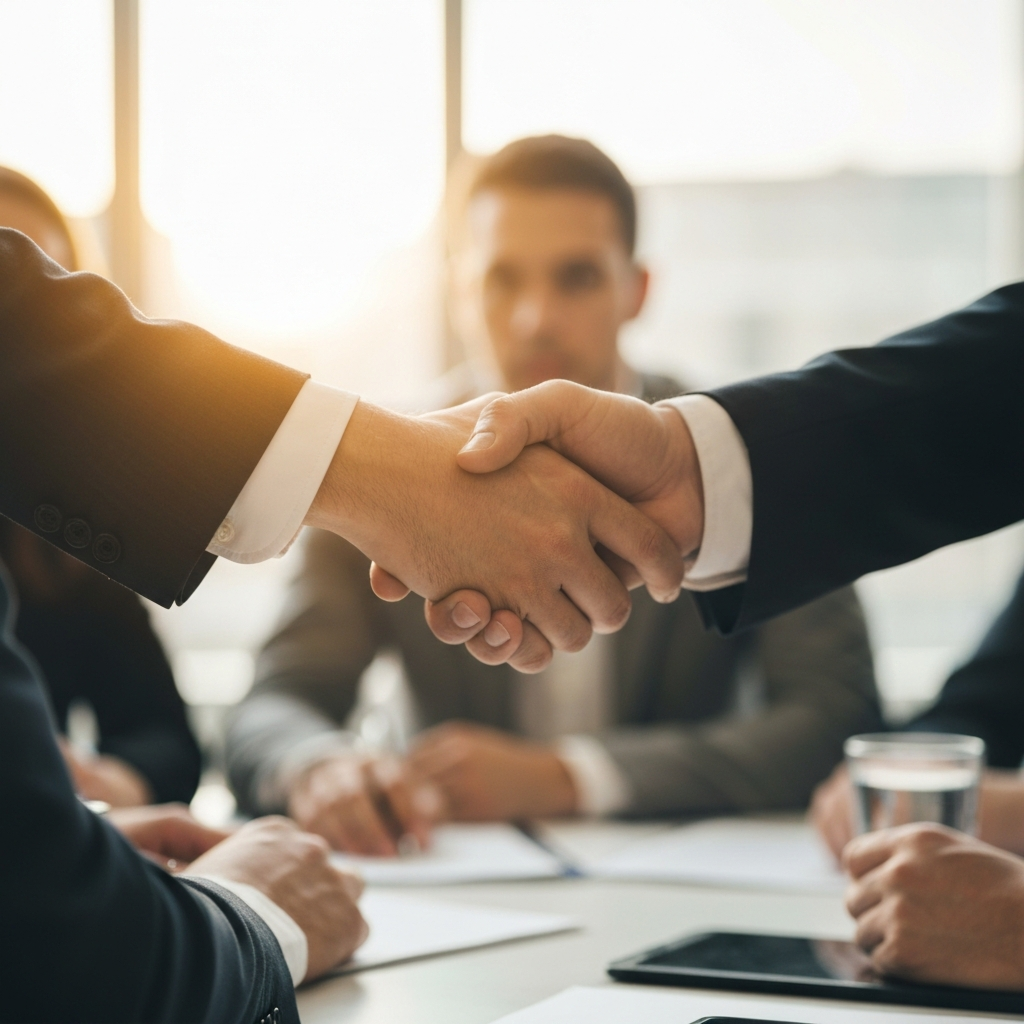 Close-up shot of two hands shaking during a business conference, soft bokeh background showing blurred attendees. Golden hour lighting streams through nearby windows.