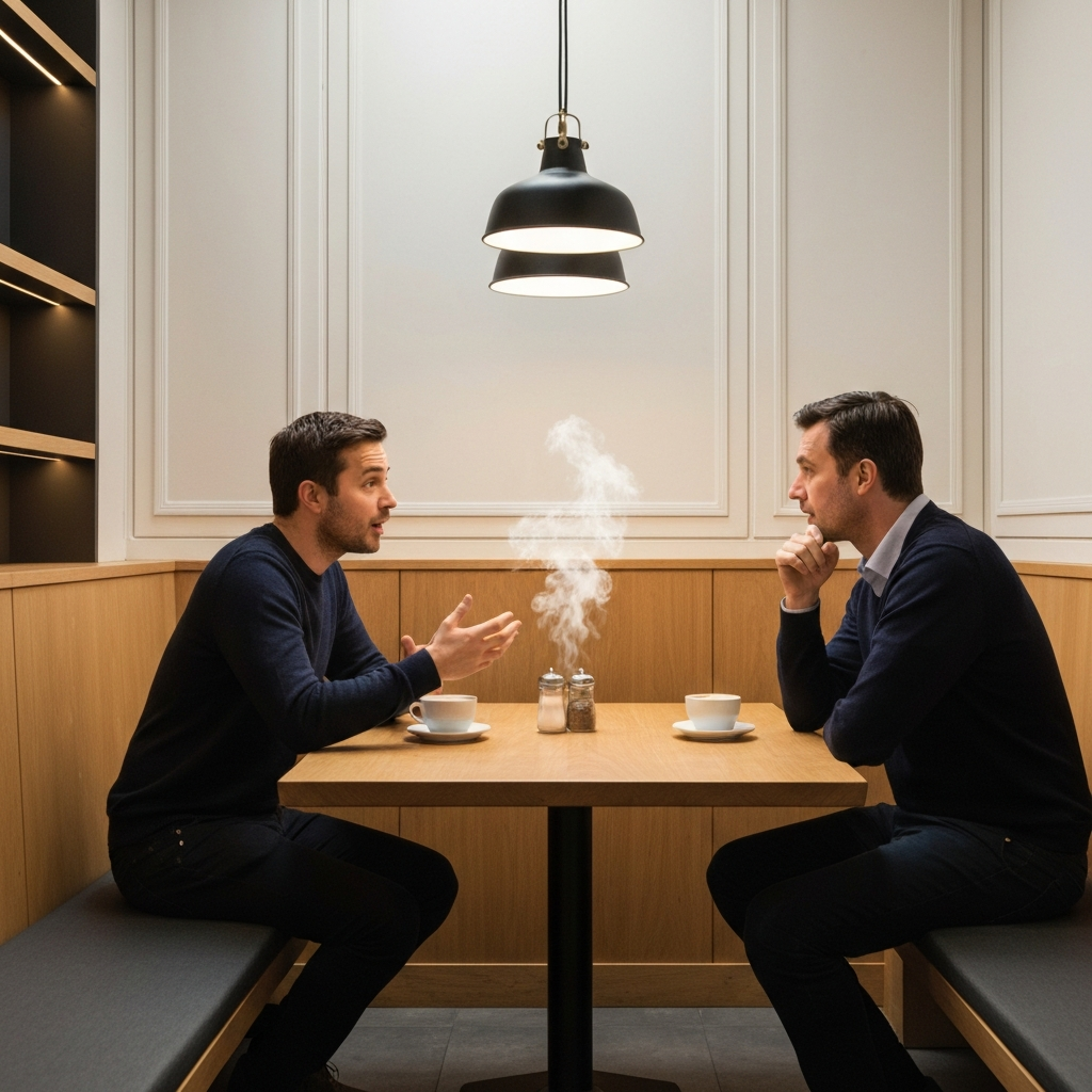 A well-lit coffee shop interior. Two people sit at a table, one gesturing animatedly while the other listens intently, a steaming coffee cup in front of each.