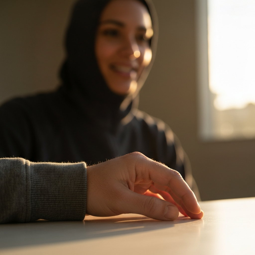 Side-lit texture of a hand gently resting on a table. Soft focus reveals a blurry background of a person with a warm, compassionate expression.
