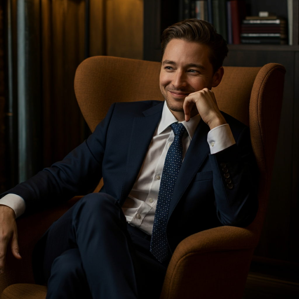 A person sits in a comfortable armchair in a warmly lit office. They are smiling slightly, seemingly in contemplation of a fond memory. Bookshelves are visible in soft focus behind them.