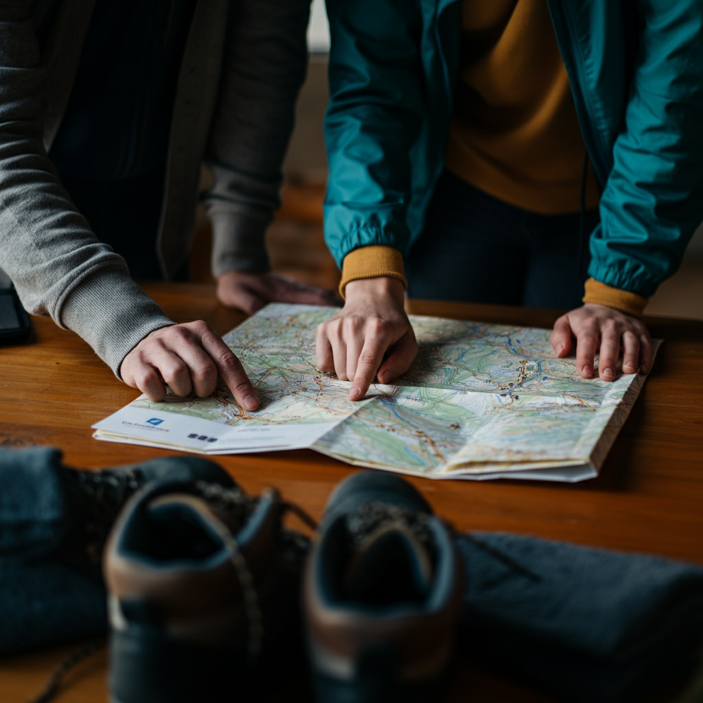 Two people are looking at a map together, pointing and discussing possible hiking routes. The map is unfolded on a wooden table, and hiking boots are visible in the foreground.