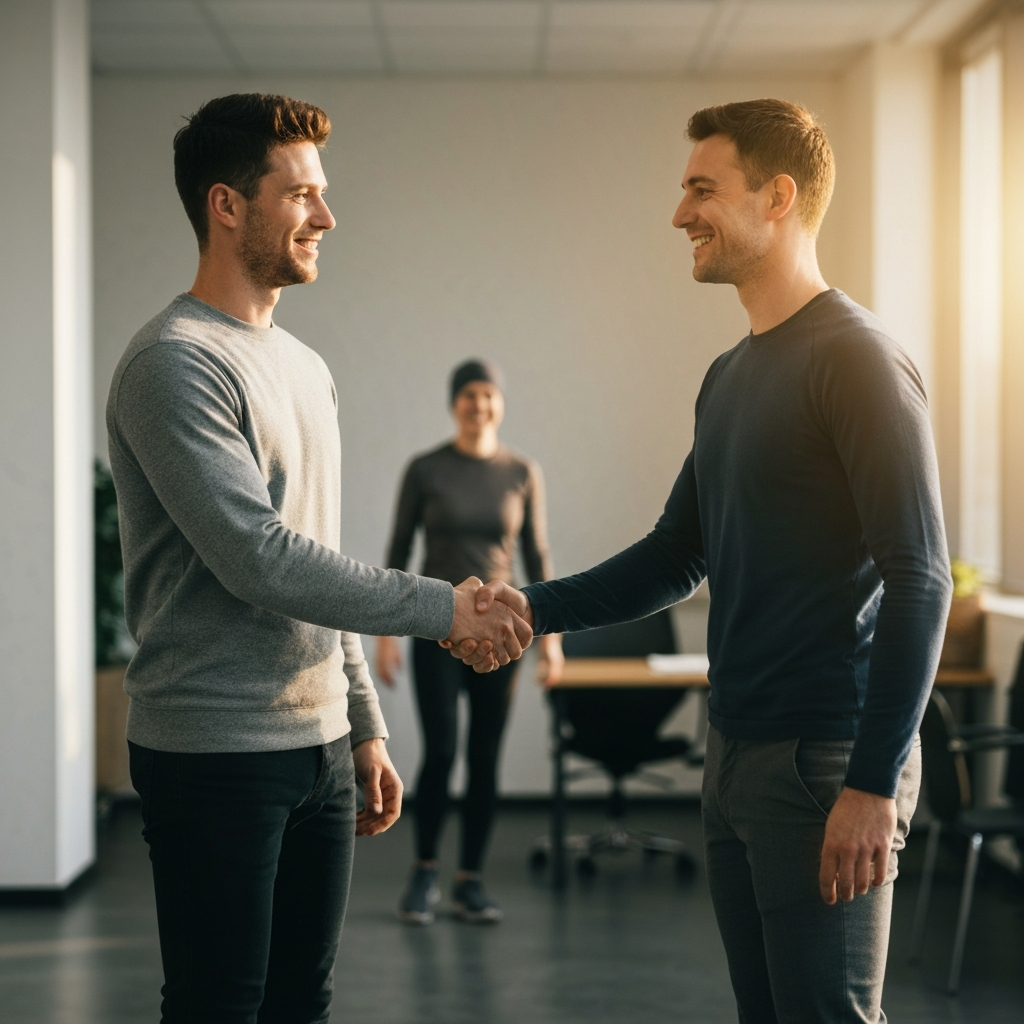Two people standing and shaking hands in a brightly lit office space. They are both smiling and making eye contact, conveying a sense of mutual respect and understanding.