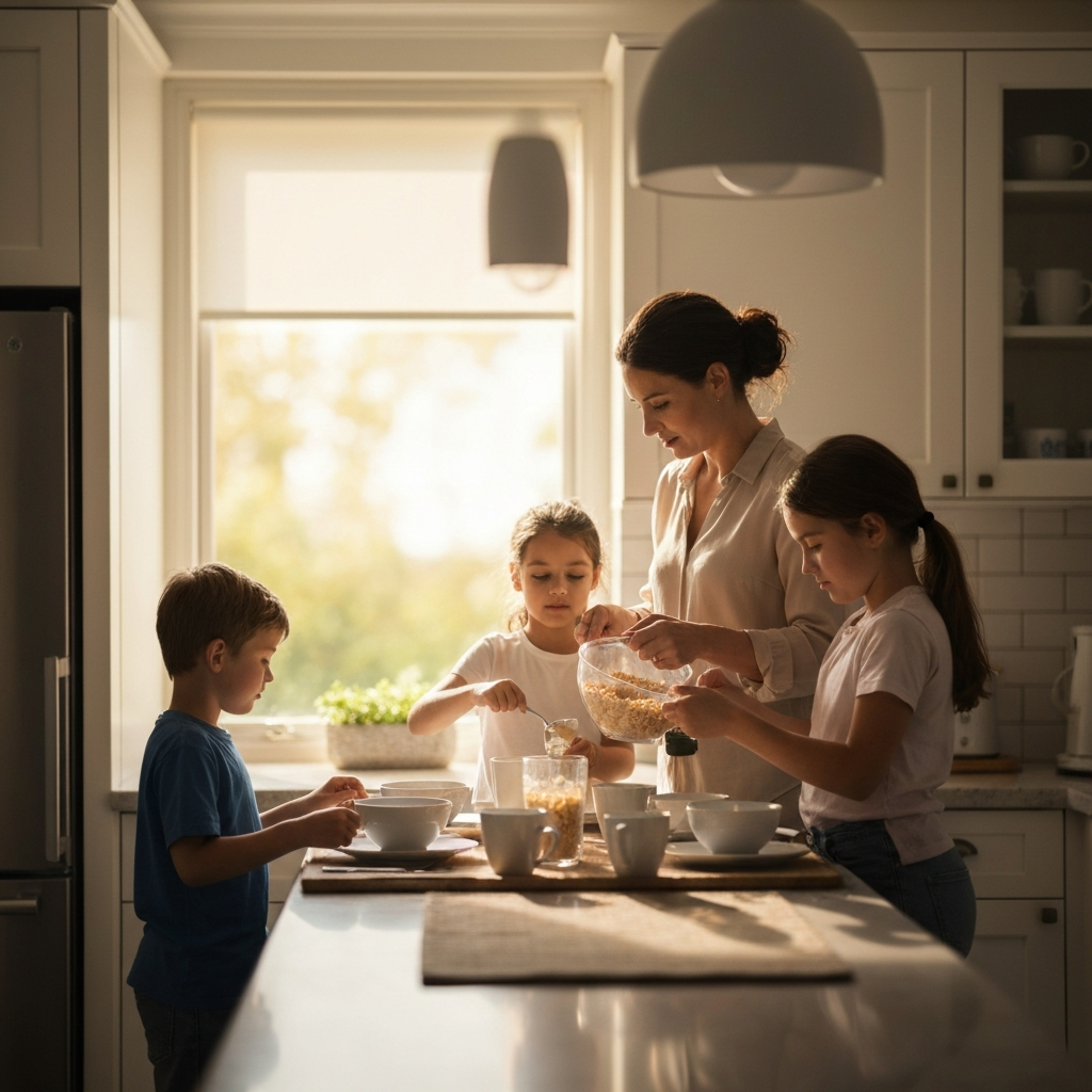 A warmly lit kitchen at breakfast time. A mother helps her daughter pour cereal while her son sets the table. Soft bokeh through the window shows a sunny morning.