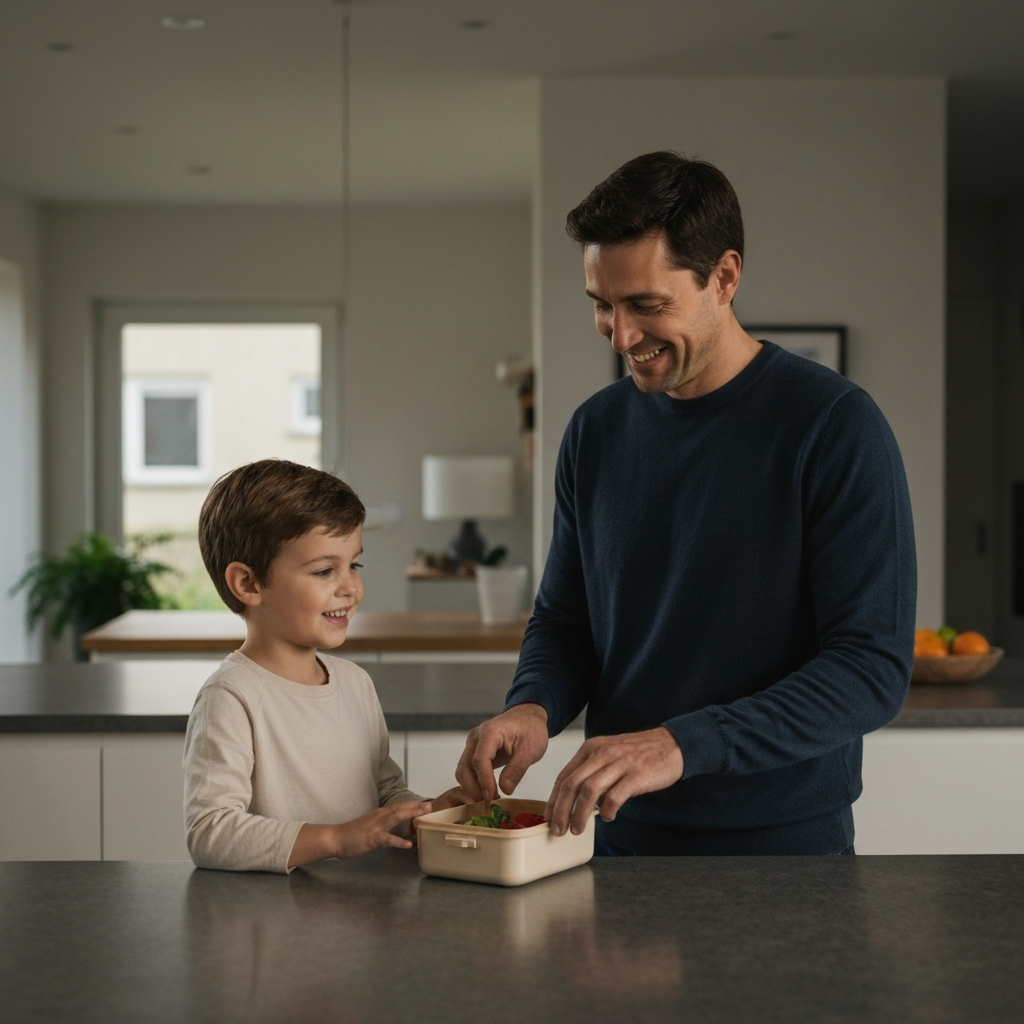 A parent smiling warmly at their child. They are packing a lunchbox together at the kitchen counter in soft evening light. Side-lit textures on the lunchbox.