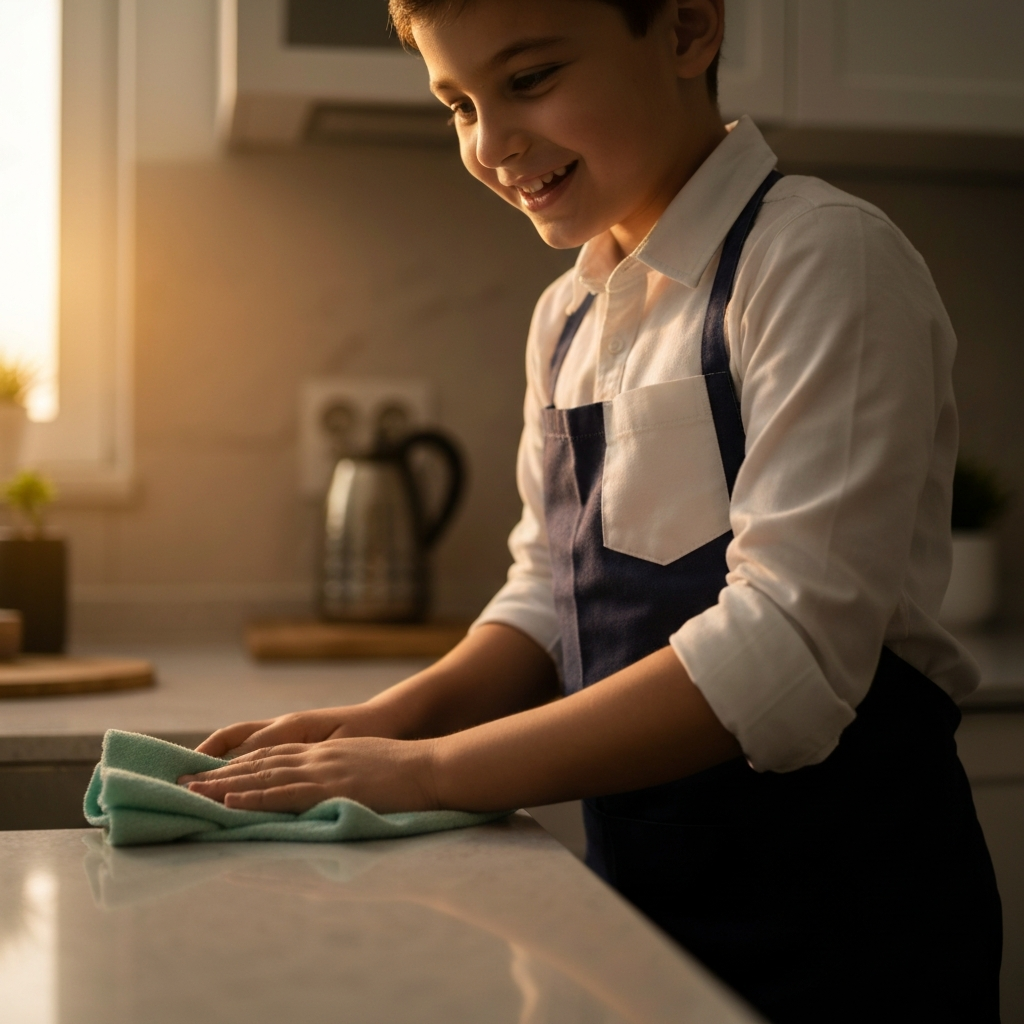 A child is seen happily wiping down a kitchen counter. Focus is on their hands and a close-up of the cleaning cloth. Golden hour lighting casts a warm glow.