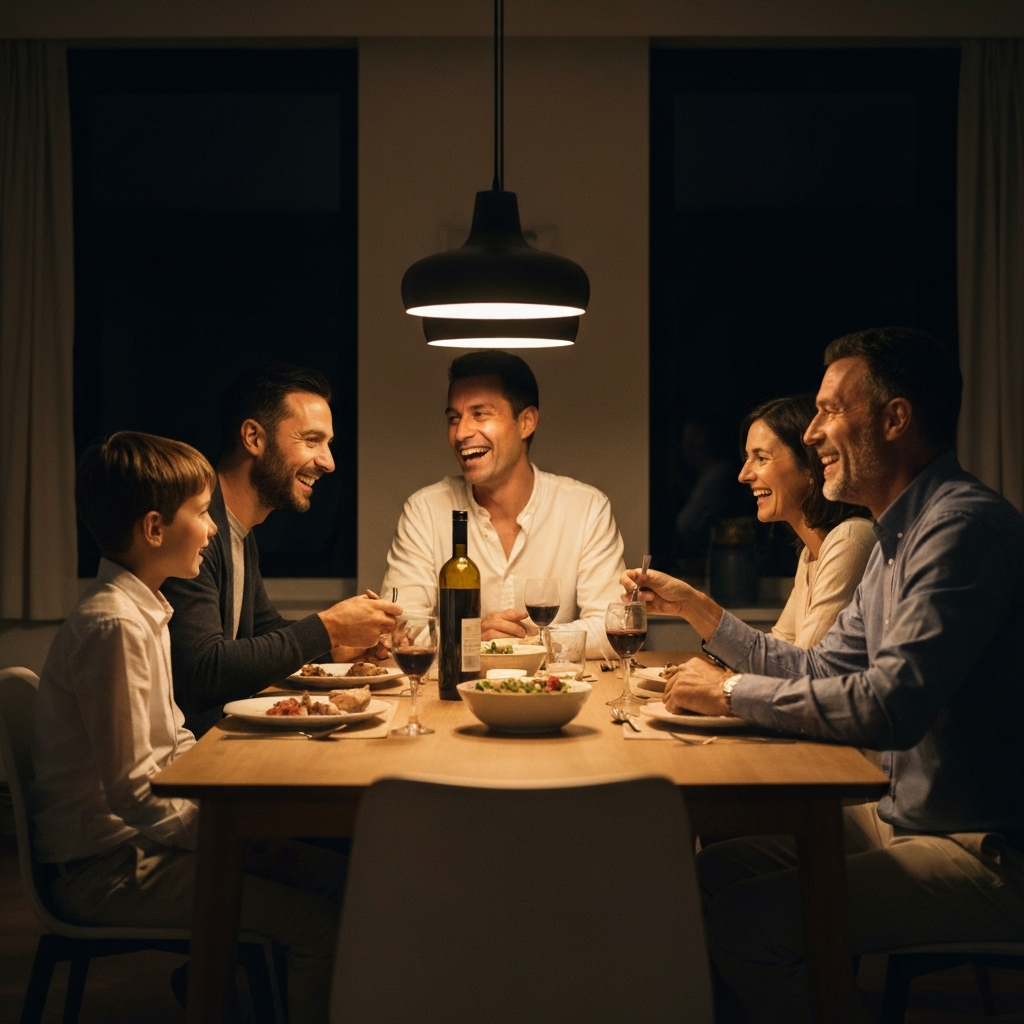 A family is gathered around a dining table, laughing and talking while eating dinner. Warm, inviting light from a pendant lamp hangs over the table. Soft focus is employed to emphasize the feeling of togetherness.