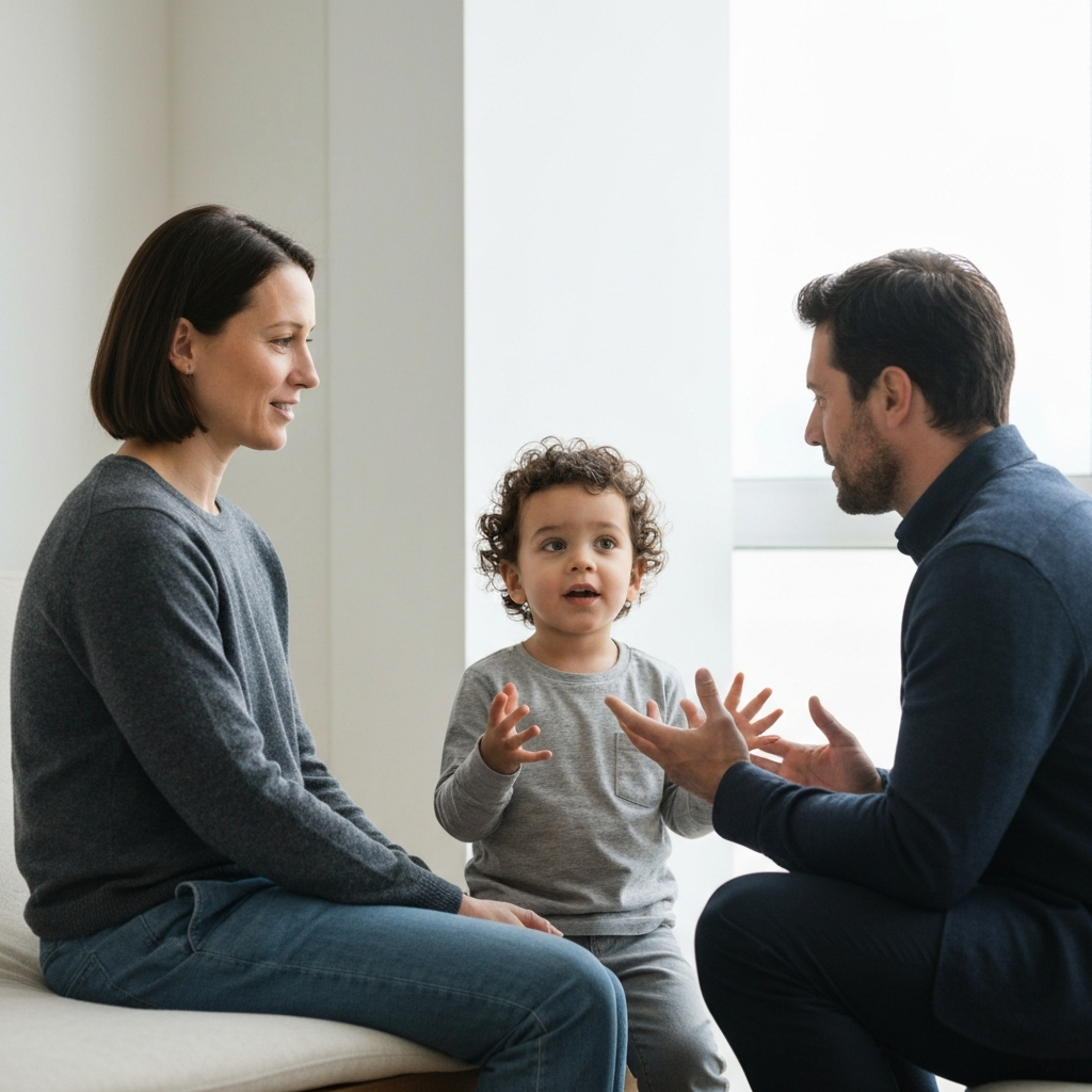 A parent sitting at eye level with their child, listening attentively. The child is speaking with their hands, expressing an emotional story. Focus is on the eye contact and genuine connection.