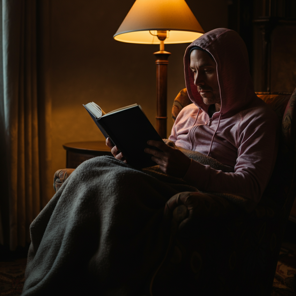 A person sitting in a comfortable armchair, bathed in warm lamplight, reading a book. Soft textures are present in the blanket draped over their lap. 